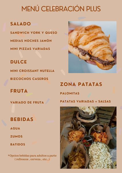 Menú Celebración Plus: sándwiches, mini pizzas, bizcochos, fruta, palomitas y patatas
